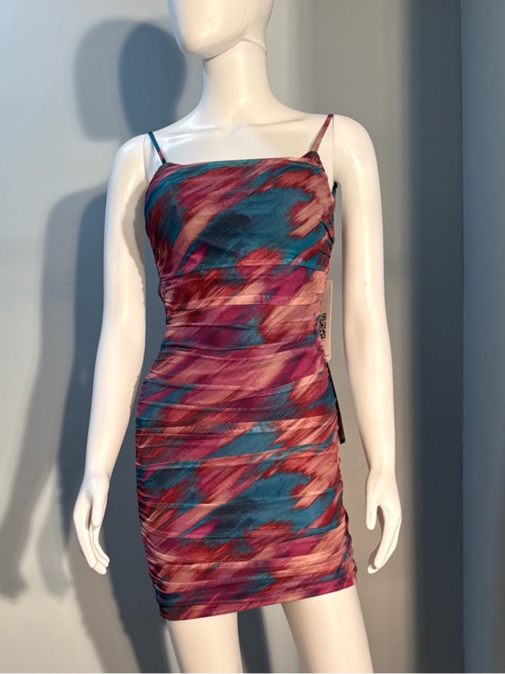 Emerald Sundae Teal & Pink Abstract Ruched Slip Mini Dress